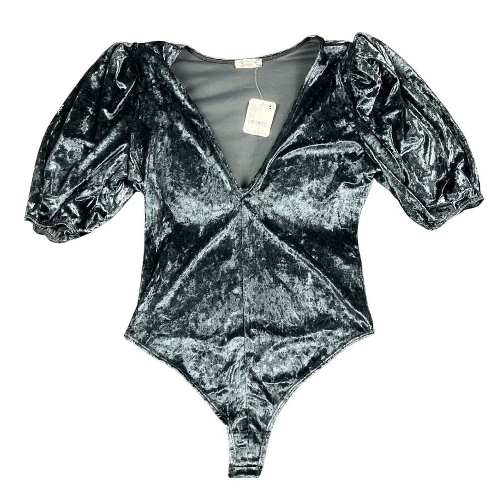 Free People Sunflower Seed Crushed Velvet Puff Sleeve Bodysuit XS Teal Green New
